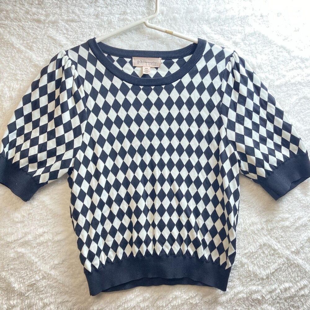 Philosophy Shirt Sz M Black White Diamonds Fitted Preppy Dark Academia